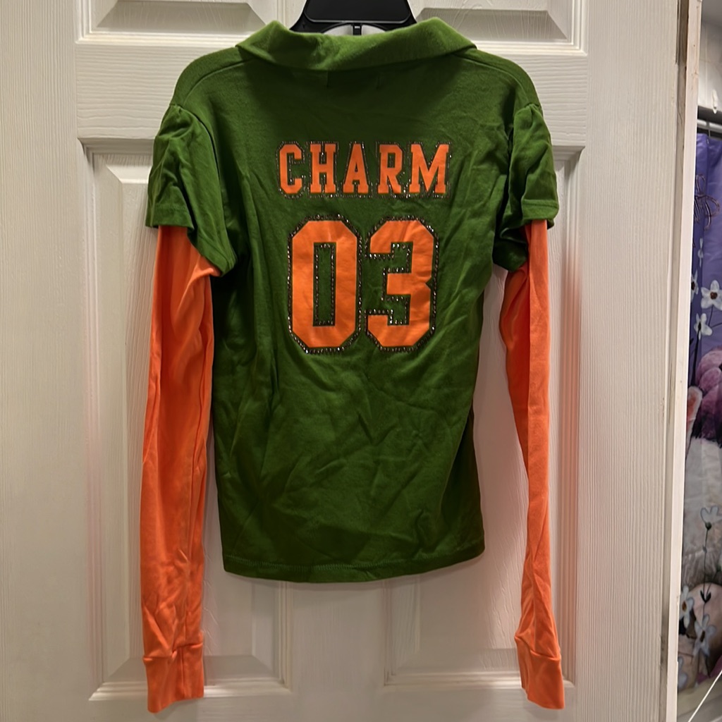 Green And Orange Collared Long Sleeve Tee Charm 03 In Pink Crystals